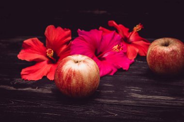 elma ve hibiscus çiçek siyah bir zemin üzerine