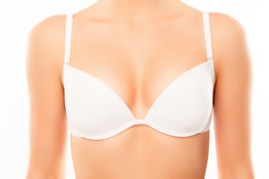Close up of  sexy woman with perfect chest in white bra clipart