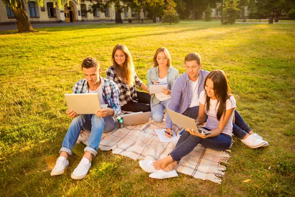 Cinq étudiants heureux assis sur plaid et clampage avec des ordinateurs portables — Photo