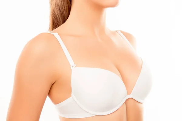 Close up of shapely sexy woman wearing white bra — Stock Photo, Image