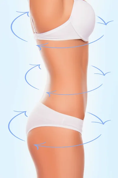 Sidan Visa foto av slim fit kvinnas kropp i vita underkläder med — Stockfoto