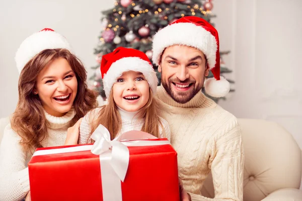 Retrato de rir família feliz segurando presente de Natal — Fotografia de Stock