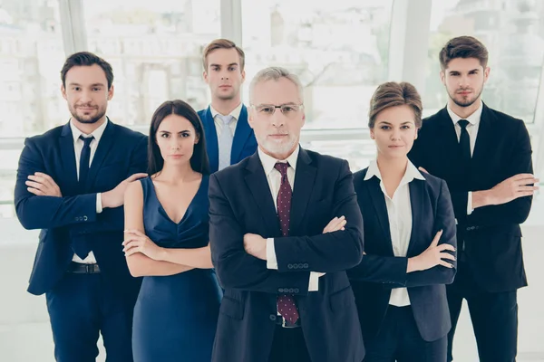 Group of six confident serious business people standing together — Stock Photo, Image