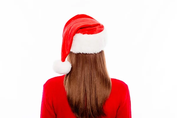 Back view of young woman wearing red woolen sweater and santa ca — Stock Photo, Image