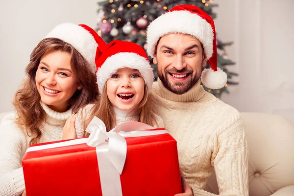 De vrolijke familie gelukkig amased in santa hoeden met groot cadeau — Stockfoto