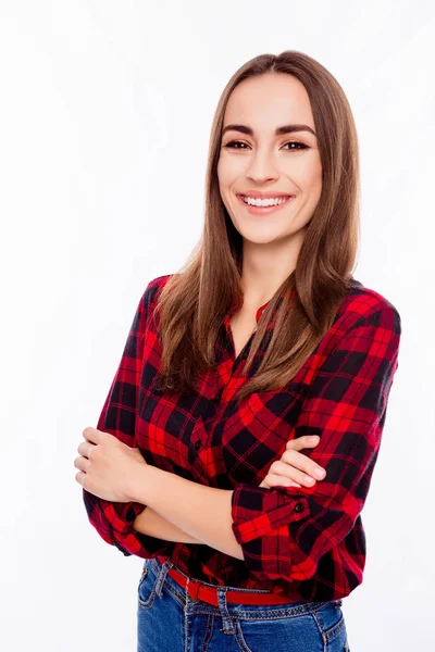 Portrait of attractive toothy woman in red checkered shirt with — Stock Photo, Image