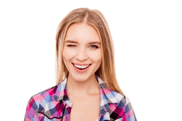 Porträtt av glad joyfull vacker kvinna winking och flirta — Stockfoto