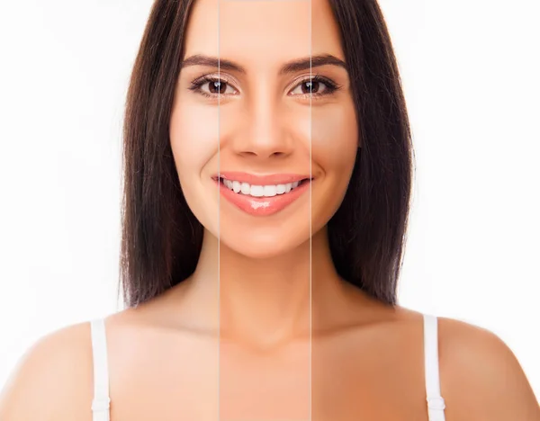 Morena cara de mulher feliz com pele de cor diferente — Fotografia de Stock