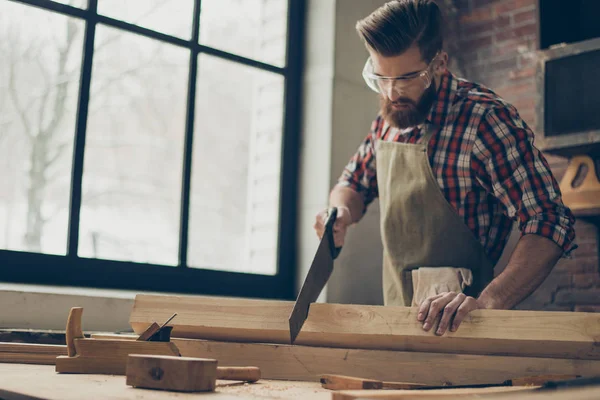 Young stylish cabinet-maker with  glasses and hairstyle. Strong — Stock Photo, Image