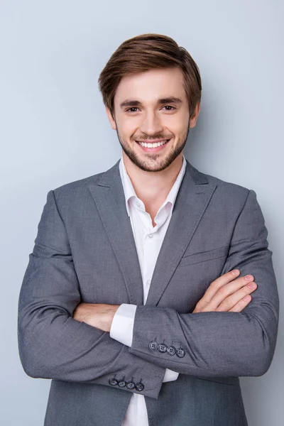 Portrait of successful handsome young man in suit with beaming s — Stock Photo, Image