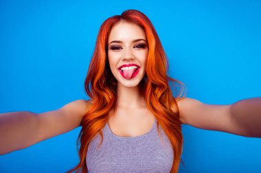 Portrait of stylish funny happy carefree girl with ginger hair,c clipart