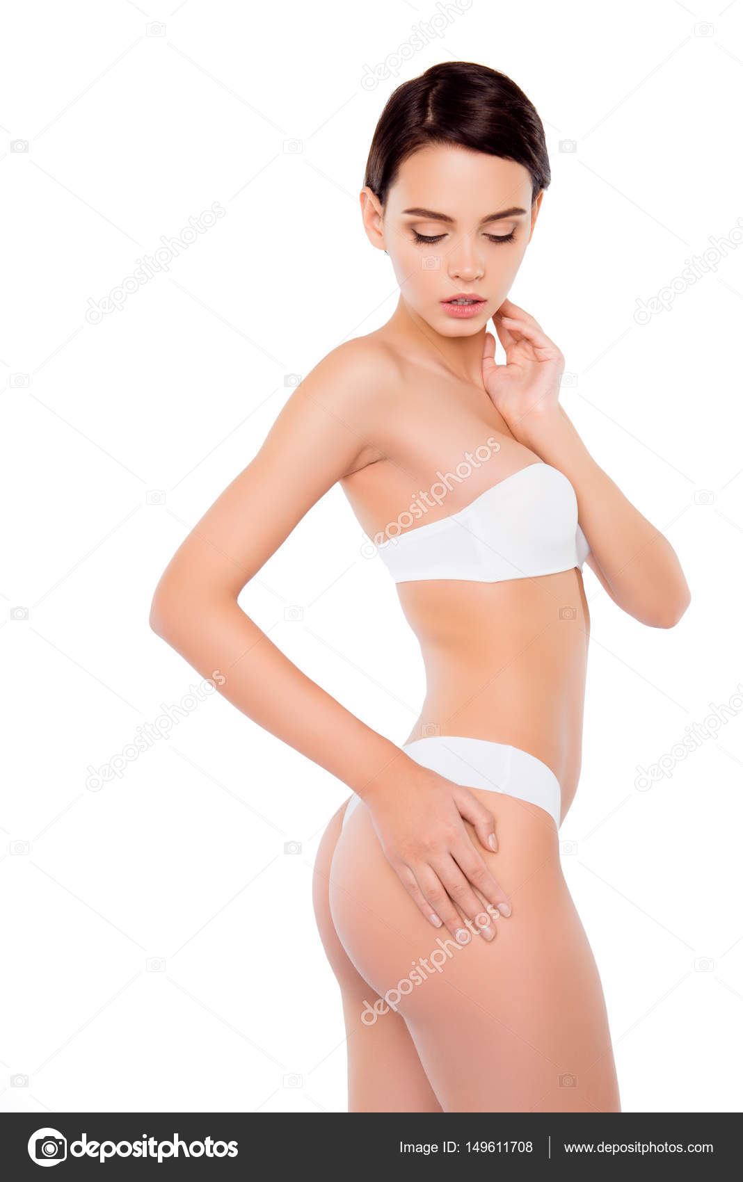 Young Slim Woman Taking Off White Panties. Stock Photo - Image of