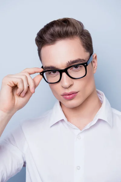 Close up portrait of attractive young man in white shirt and gla — Stock Photo, Image