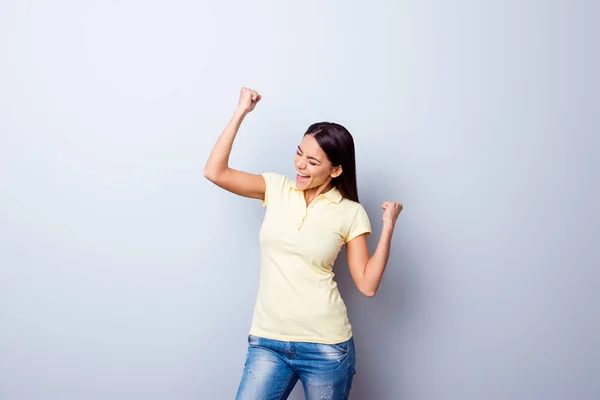 Yes! Victory! Portrait of successful smiling young girl in casua — Stock Photo, Image