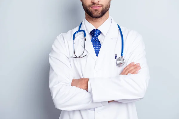 Close up portrait of faceless doctor in white coat and blue tie — Stock Photo, Image