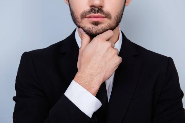 Close up photo of confident serious thoughtful man in white shir — Stock Photo, Image