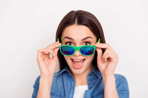 Closeup photo of beautiful funny girl in jeans shirt touching gr — Stock Photo, Image