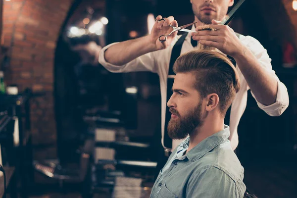 Profile view of a red bearded stylish barber shop client. He is — Stock Photo, Image