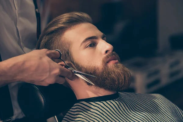 Close up of a hairdresser`s work for an attractive young man at — Stock Photo, Image