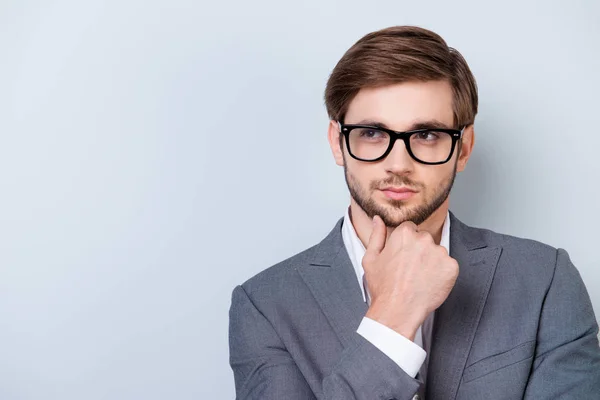 Confident pensive handsome bearded young man is looking away wea — Stock Photo, Image