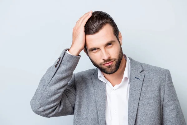 Close up portrait of handsome young confident man in gray suit t — Stock Photo, Image