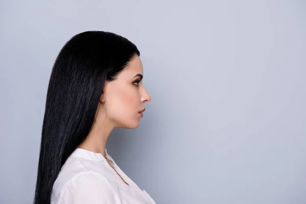 Close up cropped profile portrait of young lady in white shirt w — Stock Photo, Image