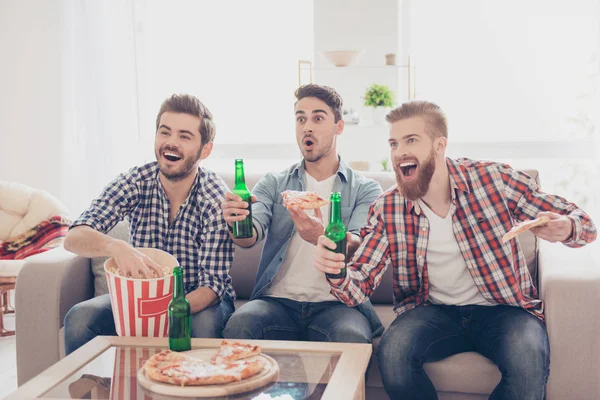Goal! Wow! Young bearded guys are having fun, watching match and
