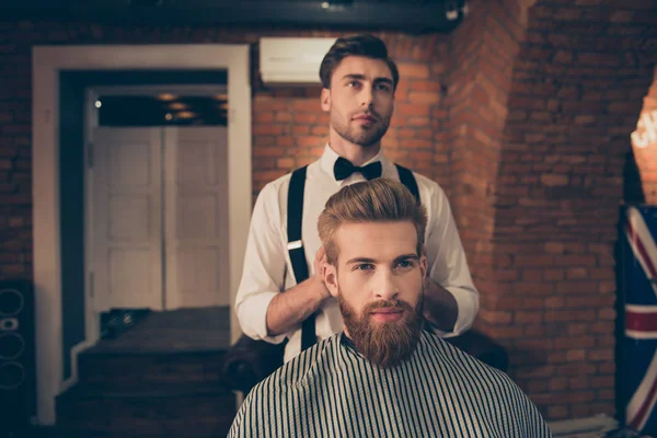 Close up of handsome classy dressed barber shop stylist, who is — Stock Photo, Image