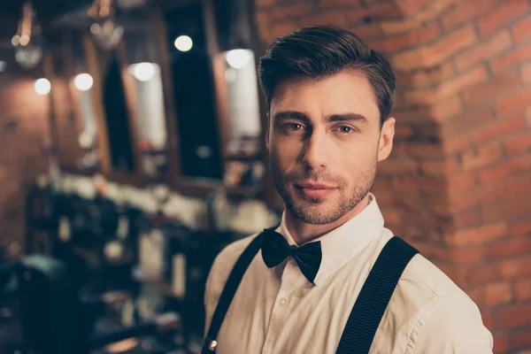 Close up cropped portrait of handsome young brunette guy with br — Stock Photo, Image