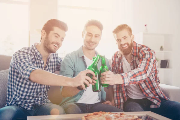 Cheers men! Bachelor men`s life. Close up of three happy friends — Stock Photo, Image