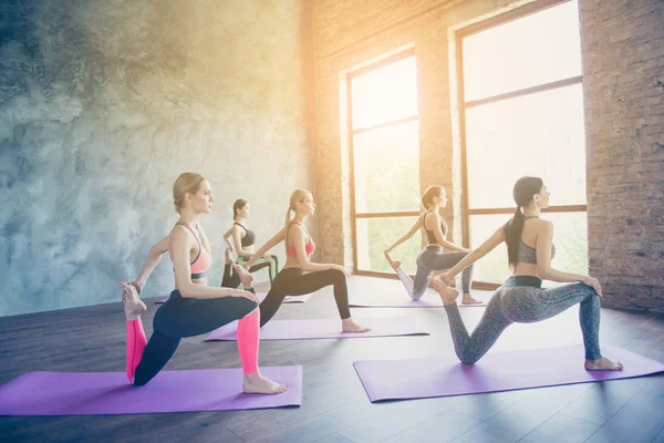 Cinco señoras de yoga delgadas jóvenes están haciendo ejercicio de estiramiento en th —  Fotos de Stock