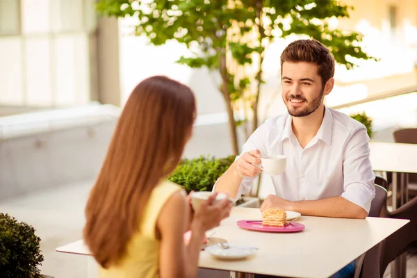 Close up cropped photo of young cheerful guy on a date in cafe o — Stock Photo, Image