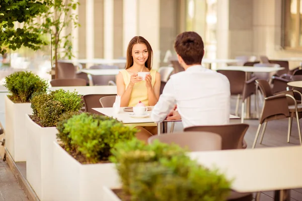 Great beginning of the day. Pretty young lady on a date in cafe — Stock Photo, Image