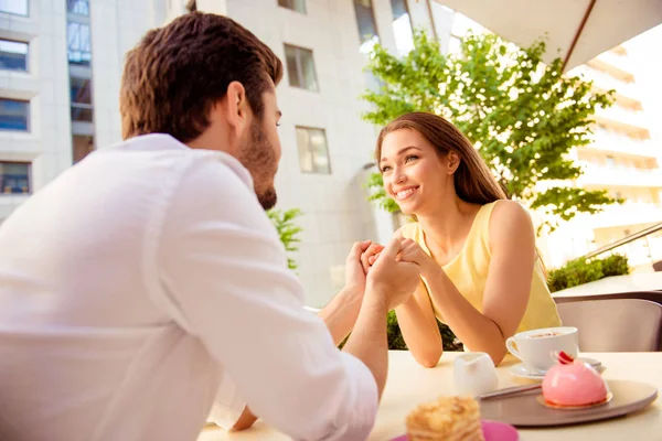 Young happy gorgeous lady is sitting in light cafe`s terrace out — Stock Photo, Image
