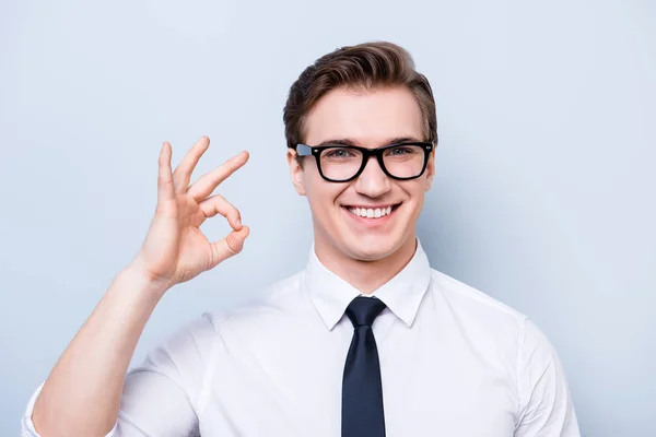 Success concept. Young handsome geek in a formal wear, black gla — Stock Photo, Image