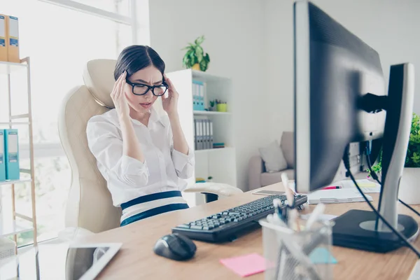 Overworked stressed young asian business lady is having headache — Stock Photo, Image