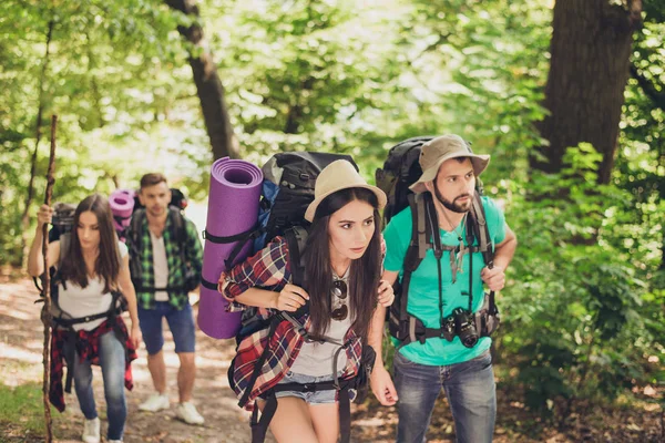 Чотири туристів загубилися в лісі, намагаючись знайти шлях, виглядаючи серйозно і зосереджено, всі мають рюкзаки, товариші, все необхідне для нічного перебування — стокове фото