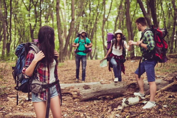 Trekking, camping y concepto de vida salvaje. Cuatro mejores amigos están de excursión en el bosque de primavera, las damas están hablando y riendo, todos están emocionados y ansiosos en el sendero de la selva — Foto de Stock