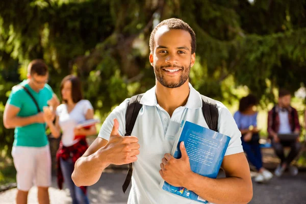 E 'piu' facile insieme! Sei compagni di classe allegri sono seduti su un plaid sull'erba verde nel parco primaverile vicino al campus e studiano, si preparano per esami, test, guardano a macchina e sorridono. — Foto Stock