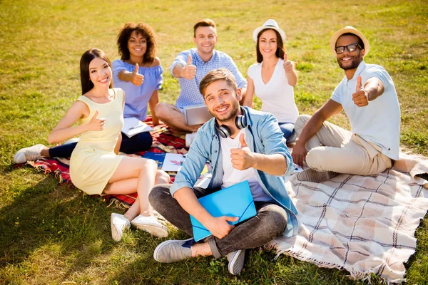 É mais fácil juntos! Seis colegas alegres estão sentados em xadrez na grama verde no parque de primavera perto do campus e estudar, se preparando para exames, testes, olhando para a câmera e sorrindo — Fotografia de Stock