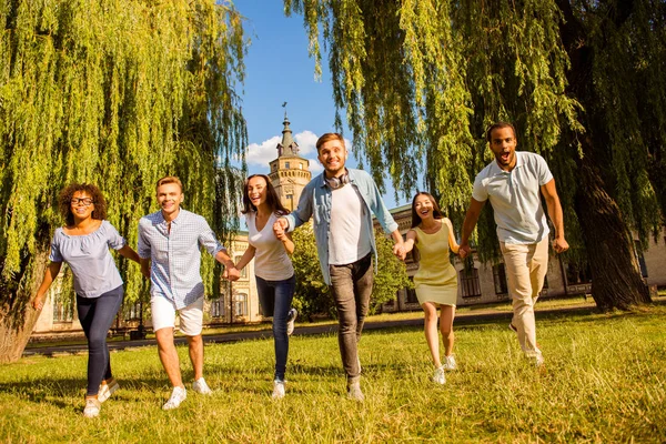 Liberdade, estudantes, amizade, verão, conceito divertido. Seis felizes em — Fotografia de Stock