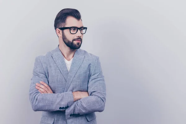 Successful young brunet bearded stylish guy banker with in forma — Stock Photo, Image