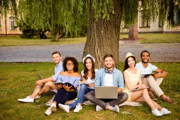 Estudiar juntos es divertido, trabajo en equipo, concepto de trabajo en equipo. Seis felices. — Foto de Stock