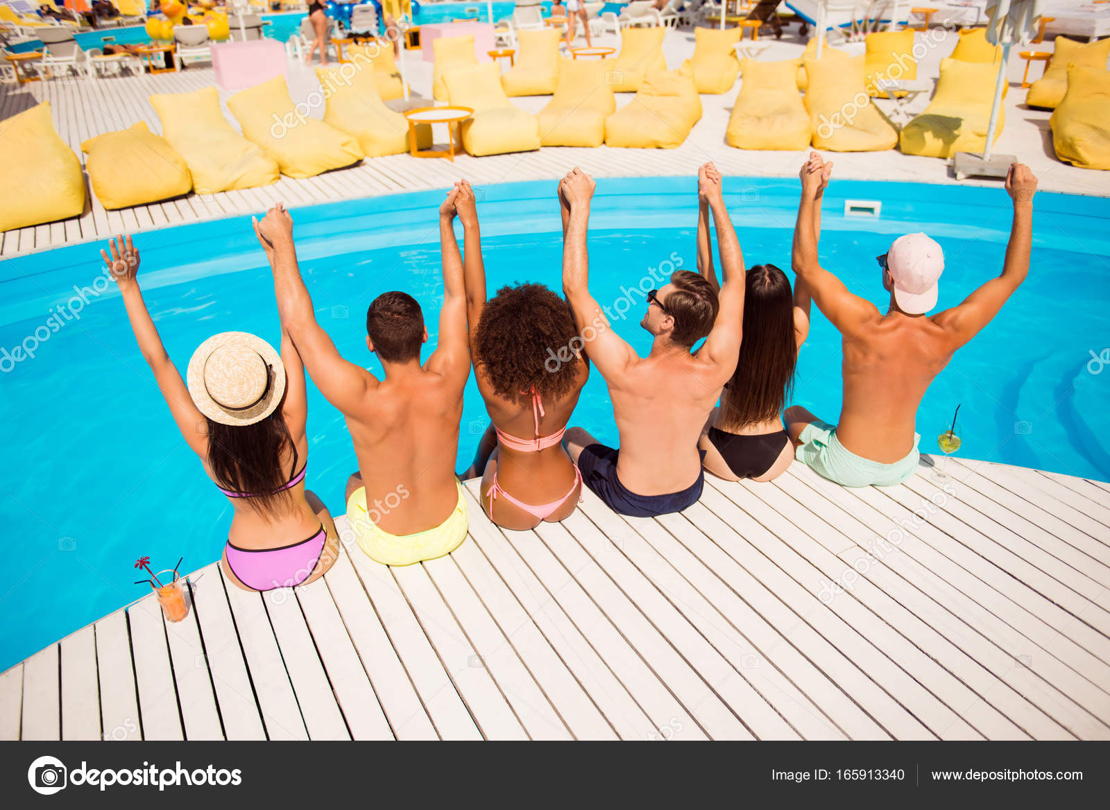 Put Your Hands Up Pool Disco Party Six Excited Cheerful Multi