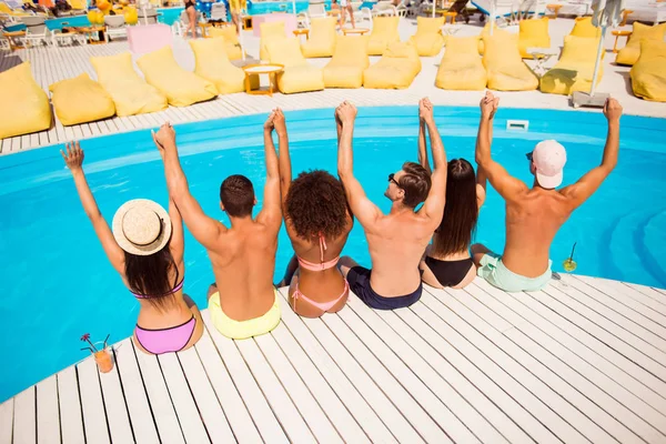 Put your hands up! Pool disco party. Six excited cheerful multi — Stock Photo, Image