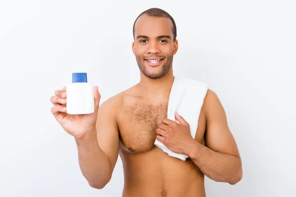 Hygiene, vitality, beauty, men life concept. Young smiling nude — Stock Photo, Image