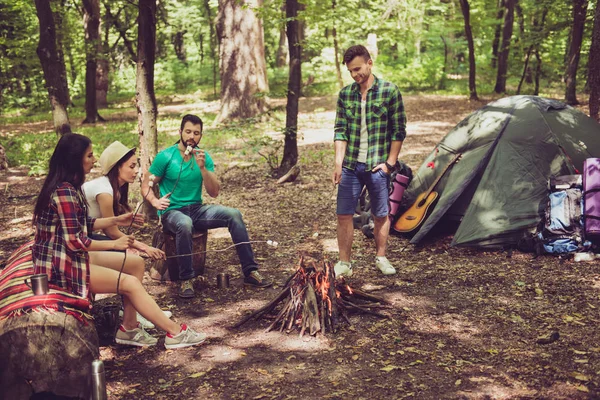 Camping, cuatro amigos felices están sentados alrededor del fuego, roastin — Foto de Stock