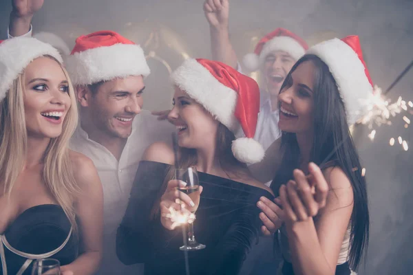 X mas miracle, shine! Dancing festive crowd of youth on luxury f — Stock Photo, Image