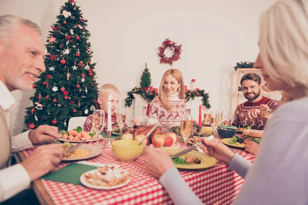 Bon eetlust aan zes vrolijke familieleden, setted feestelijke bureaublad, — Stockfoto