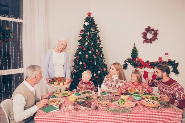 Zes vrolijke familieleden, gevulde klein Turkije en verse lekker fruit — Stockfoto